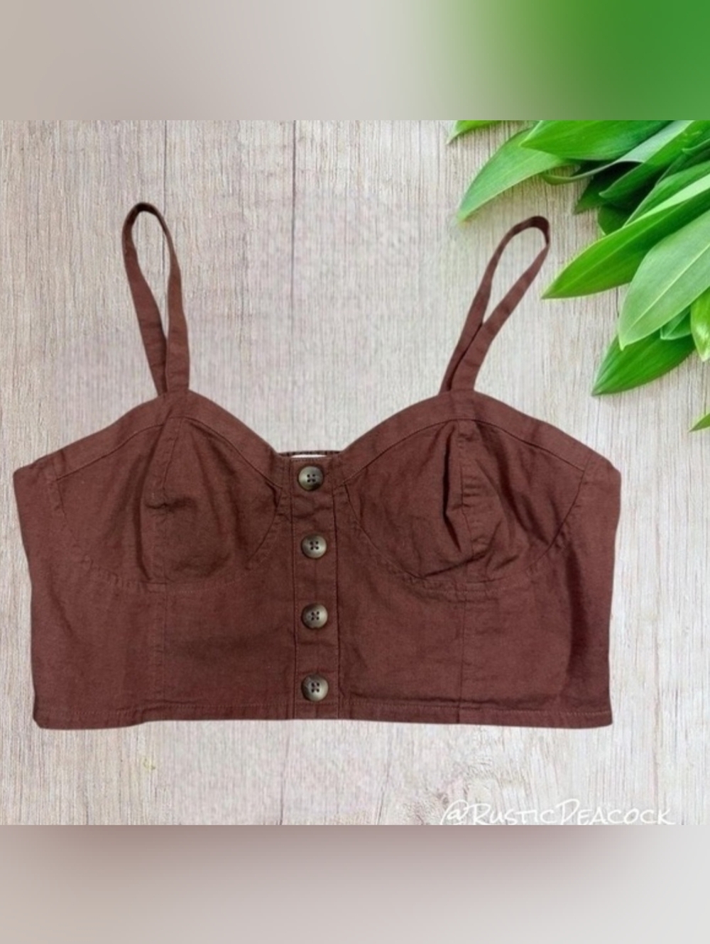 Lucky Brand Crop Top Women's M Brown Linen Blend Smocked Casual Cami Tank